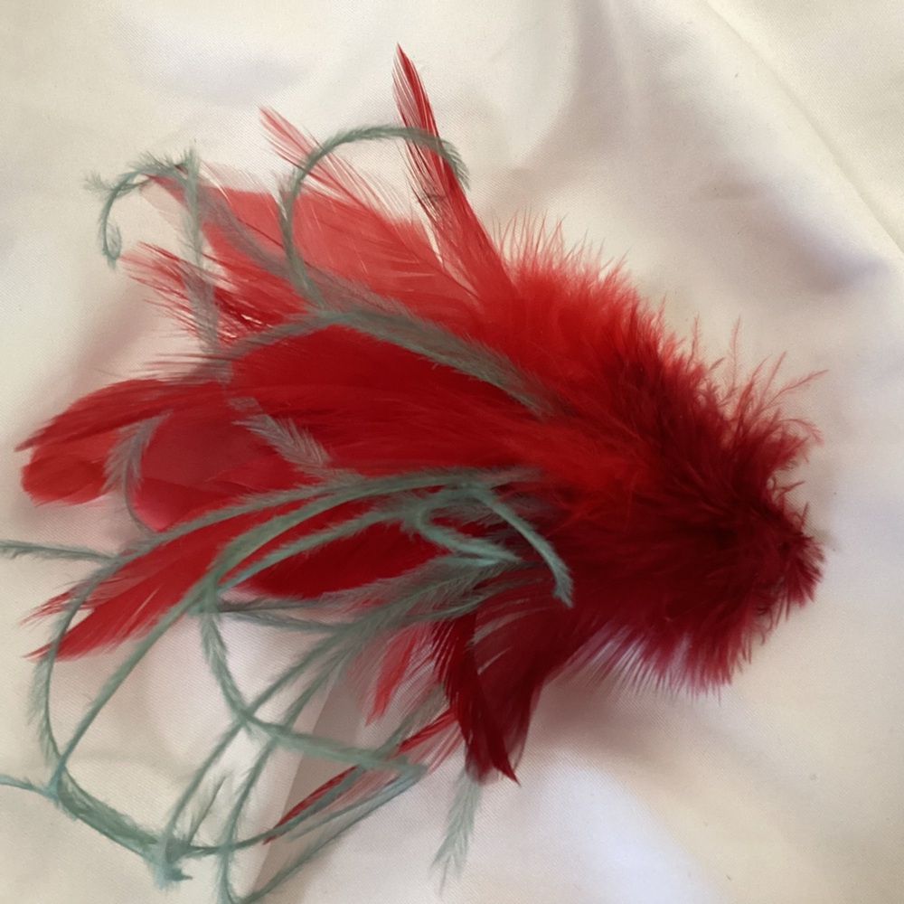 Petite Red & sea-foam green ostrich Feather Fascinator Hair Clip.